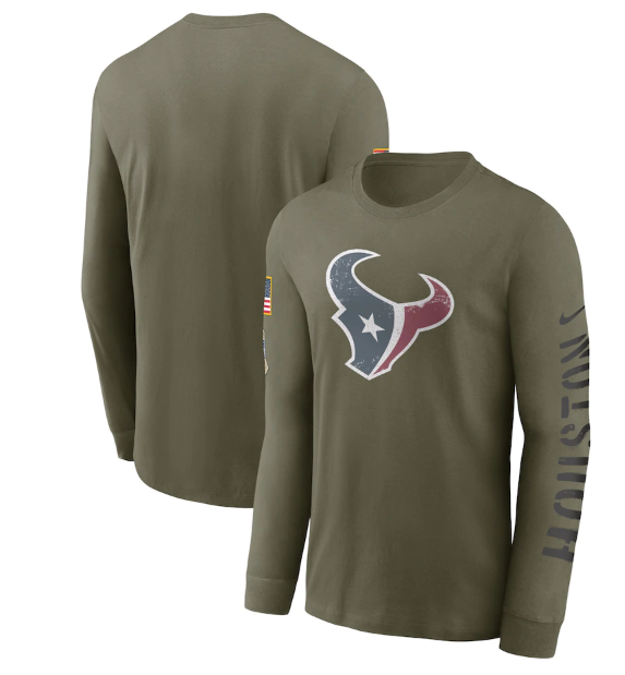 Men's Houston Texans Olive 2022 Salute to Service Long Sleeve T-Shirt Men's Houston Texans Olive 2022 Salute to Service Long Sleeve T-Shirt
